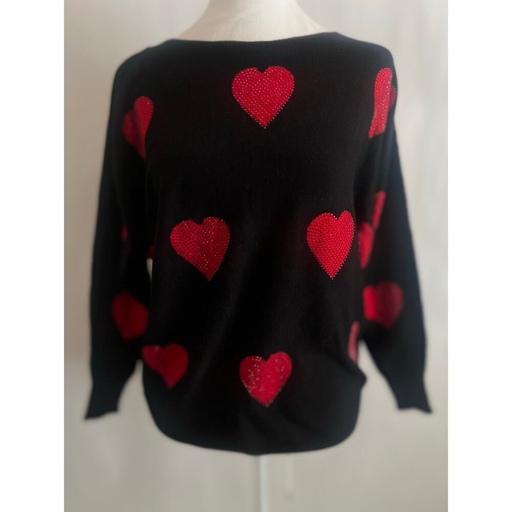 LIV MILANO BLING HEART DOLMAN SWEATER BLACK WITH RED HEARTS SIZE SMALL - Picture 2 of 11